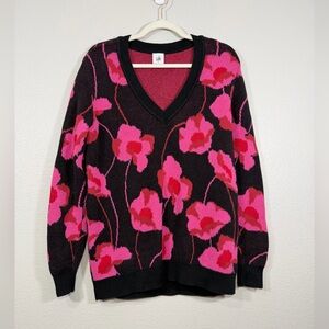 CAbi Sweater Long Sleeve Black Pink Floral V-Neck Pullover Soft Heavy Women S